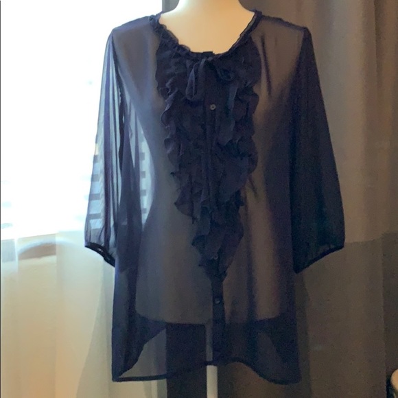 🦋 Sheer, Ruffle Navy Button Down Blouse - Picture 5 of 10